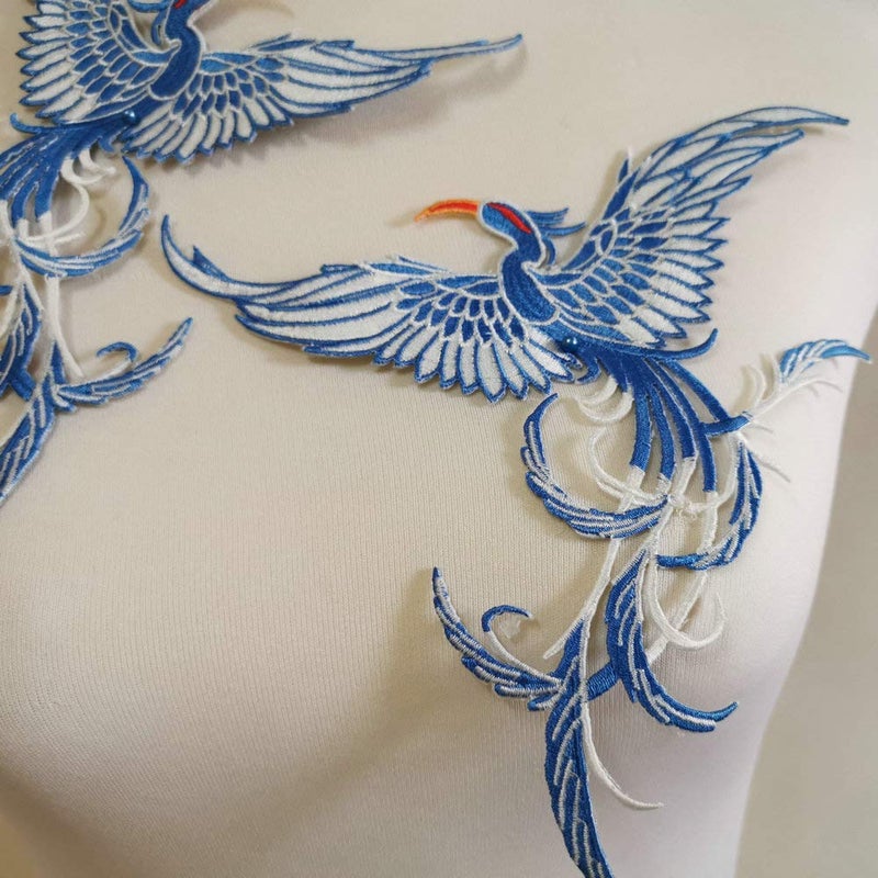 FEEPOP Fenghuang Bird Embroidery Patch Iron in Ancient Style and Famous Ethnic Style Sewing Decorative Embroidery DIY Articles and Crafts Stickers on Sewn Clothesï¼ˆ 1 Pairs Blueï¼‰ - Image 2
